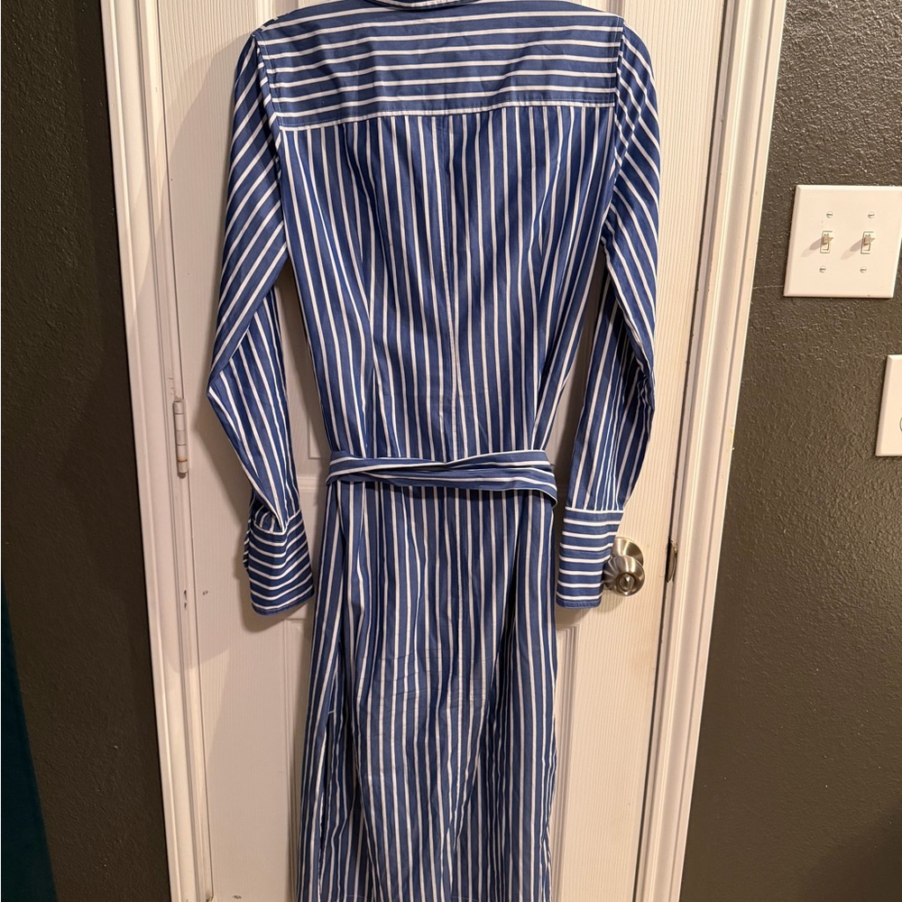 J. Crew Navy and White Vertical Stripe Shirt Dress with Tie - Picture 3 of 3